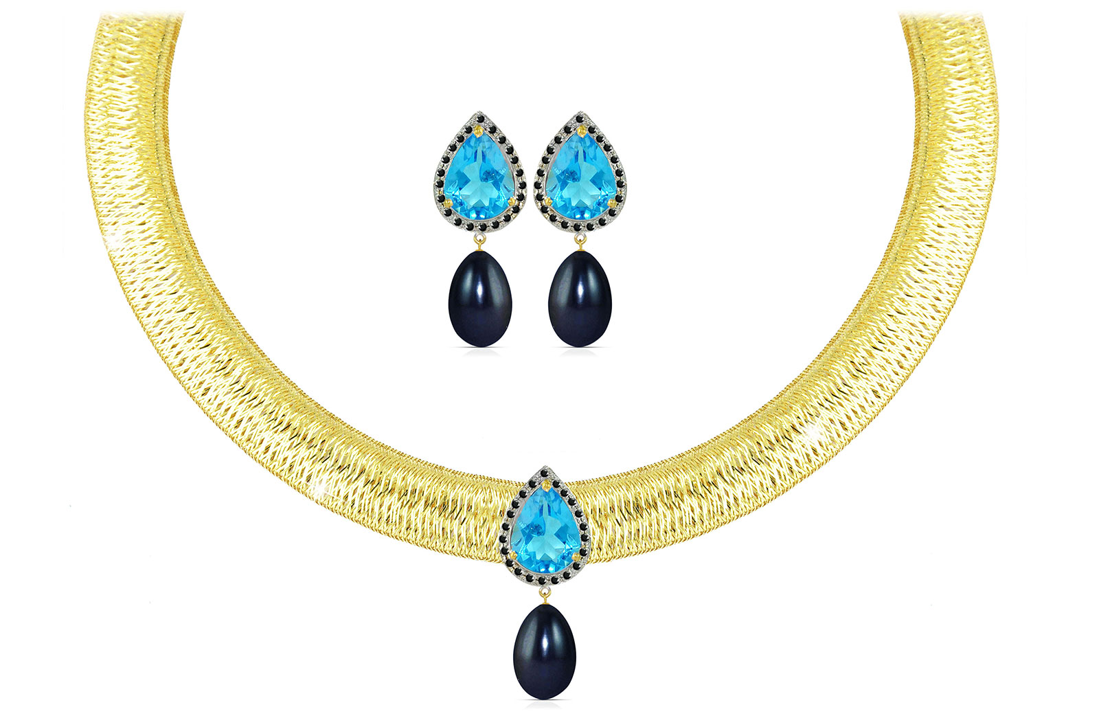 Vera Perla 18K Gold 0.36ct Black Diamonds, Topaz and 13mm Black Pearl Jewelry Set - 2 pcs.